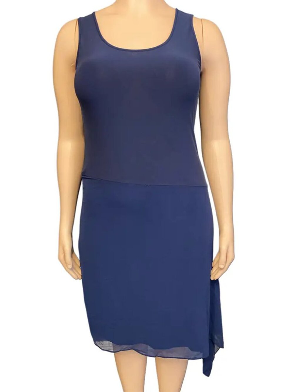 DKNY Navy Blue Asymmetric Hem Midi Dress with Sheer Detail